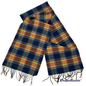 Fall Plaid Scarf 100% Cashmere Made in Scotland Mustard Blue Fringe